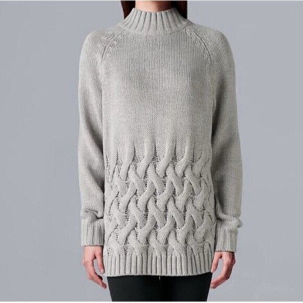 Simply Vera Vera Wang Fisherman Sweater Women‎ S Gray Chunky Cable Knit Mockneck